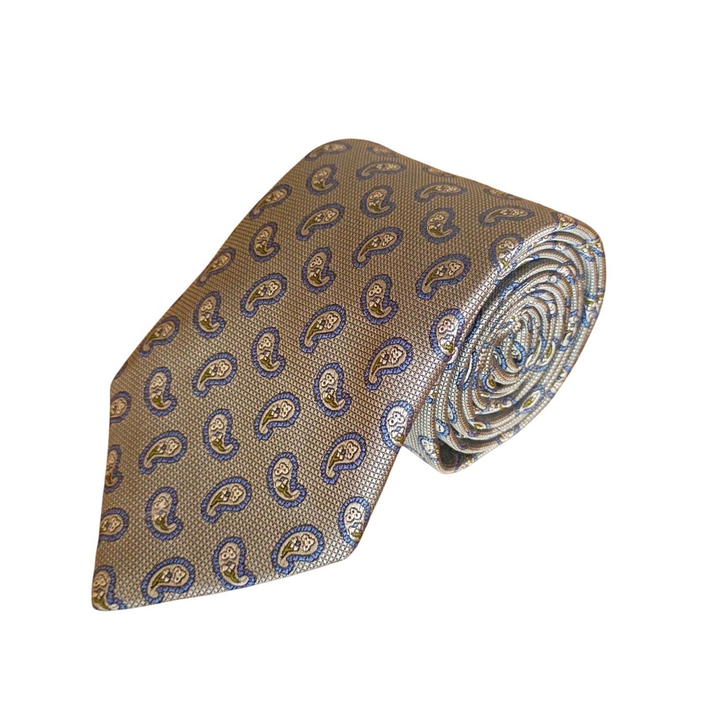 Brooks Brothers Mens L-XL Paisley Silk Extra Long Necktie Silver Gray Blue